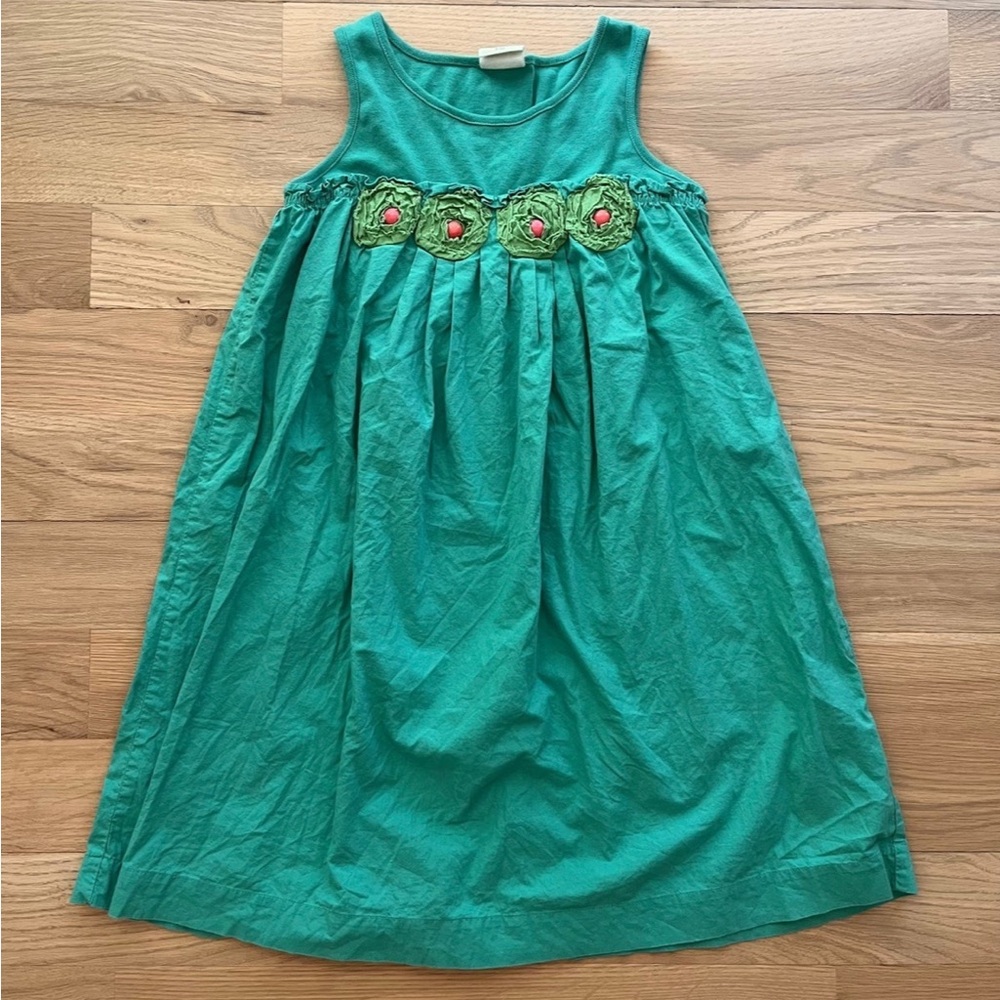 Mini Boden Green Sleeveless Kids Dress with Flower Appliqués